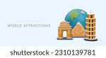 Travels to famous world architectural buildings. Flights and trips around world. Horizontal poster for travel services website. Web design with 3D illustration