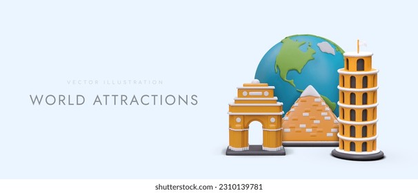 Travels to famous world architectural buildings. Flights and trips around world. Horizontal poster for travel services website. Web design with 3D illustration