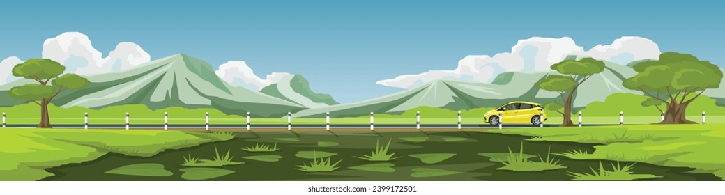 Travels of hatchback car with driving for banner. Asphalt road  has boundary posts and near the vast meadows and swamps with mountain under blue sky and white clouds. Copy Space Flat Vector.