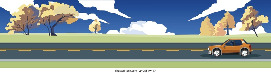 Travels of hatchback car with driving for banner. Asphalt road near the meadow with spring tree. Under clear sky and white clouds. Copy Space Flat Vector.