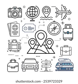 Travels Icon Pack. Including Aeroplane, Locations, Map, Pin, Compass, Global, Globe, Passport, Camera, Briefcase, Suitcase, Trolly Bag, Directional Arrow, Guide, Cars, Train.