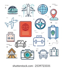 Travels Icon Pack. Including Aeroplane, Locations, Map, Pin, Compass, Global, Globe, Passport, Camera, Briefcase, Suitcase, Trolly Bag, Directional Arrow, Guide, Cars, Train.