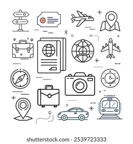 Travels Icon Pack. Including Aeroplane, Locations, Map, Pin, Compass, Global, Globe, Passport, Camera, Briefcase, Suitcase, Trolly Bag, Directional Arrow, Guide, Cars, Train.