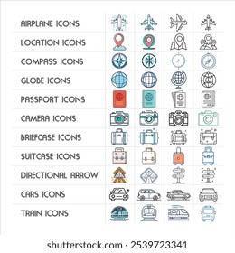 Travels Icon Pack. Including Aeroplane, Locations, Map, Pin, Compass, Global, Globe, Passport, Camera, Briefcase, Suitcase, Trolly Bag, Directional Arrow, Guide, Cars, Train.