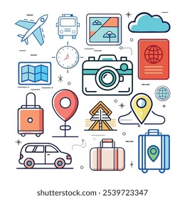 Travels Icon Pack. Including Aeroplane, Locations, Map, Pin, Compass, Global, Globe, Passport, Camera, Briefcase, Suitcase, Trolly Bag, Directional Arrow, Guide, Cars, Train.