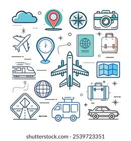 Travels Icon Pack. Including Aeroplane, Locations, Map, Pin, Compass, Global, Globe, Passport, Camera, Briefcase, Suitcase, Trolly Bag, Directional Arrow, Guide, Cars, Train.