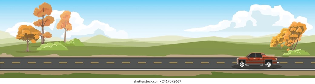 Travels of pickup car with driving for banner. Asphalt road near the meadow with spring tree. Under clear sky and white clouds. Copy Space Flat Vector.