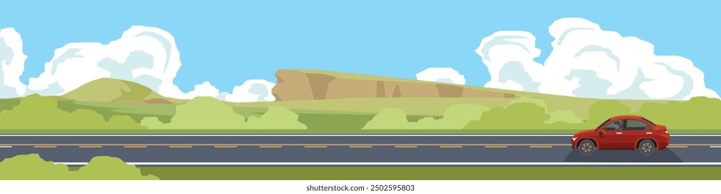 Travels of sedan of red color car with driving for banner. Asphalt road near the meadow with green hill under clear sky. Copy Space Flat Vector.