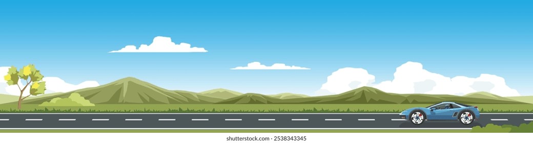 Viajes de coche deportivo con conducción para el Anuncio. Carretera de asfalto cerca del prado con colinas verdes bajo cielo despejado. Árbol que crece solo en la esquina. Espacio para texto Vector plano.