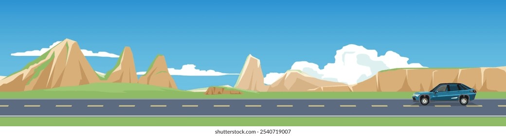 Viajes de coche deportivo con conducción para el Anuncio. Carretera de asfalto cerca del prado con altas montañas bajo un cielo despejado. Espacio para texto Vector plano.