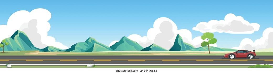 Travels of sport car with driving rae for banner. Asphalt road near the meadow with spring tree and complex mountain ranges. Under clear sky and white clouds. Copy Space Flat Vector.