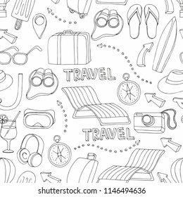 Travels. Summer rest. Vector seamless doodle background