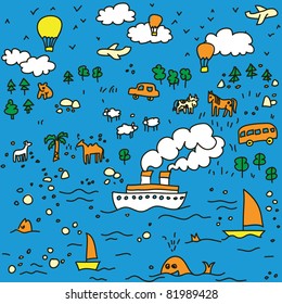 Travel-seamless-pattern-illustration The funny landscape about traveling with nature, animal and different transports.   Seamless pattern. Vector illustration.
