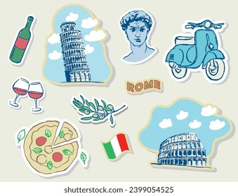 Travel,stickers,Italy ,Europe,Pisa , tower, Rome,Coliseum, tourism , doodle ,seaside,Italian seasides, sticker set ,pizza, scooter,olive, architectural monument