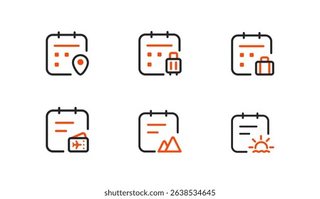Travel-themed calendar icons: destination planning, packing, visa or passport checks, adventure trips, and vacation sunsets. Ideal for travel apps and itinerary management.