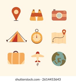 Travel-themed icons capture the spirit of adventure through symbols like location, binoculars, camera, tent, compass, map, bag, airplane, and globe, full of exploration meaning