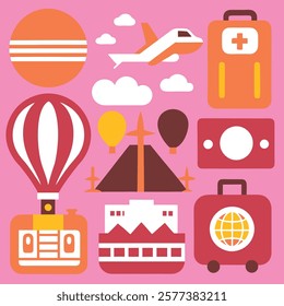 Travel-themed icons with vibrant retro colors