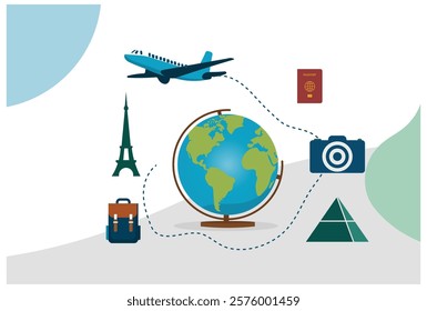 Travel-themed illustration featuring a globe, airplane, Eiffel Tower, pyramids, backpack, passport, and camera. Perfect for tourism, adventure, exploration, travel agencies, and educational concepts