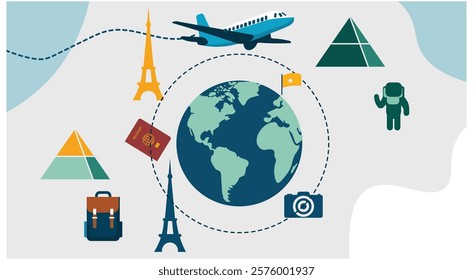 Travel-themed illustration with a globe, airplane, Eiffel Tower, pyramids, backpack, passport, camera. Ideal for tourism, adventure, exploration, content creators, and travel agency concepts
