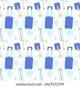 Travel-themed seamless pattern featuring suitcases, location symbols and airplanes in a mix of blue and white background. Trip endless backdrop. Vector outline illustration.