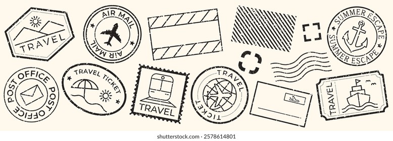 Travel-themed stamps with airplane, anchor, and ship motifs. Includes post office and air mail designs. Perfect for travel and adventure enthusiasts. Black travel stamps, vector set.