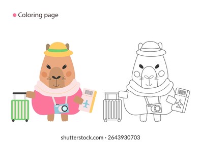 Folha de coloração capivara de desenhos animados de verão com feliz animal carregando mala e passaporte - inclui referência de cor pequena para diversão criativa das crianças.
