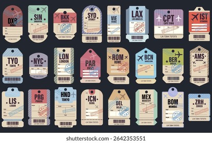Travel-themed tags from international cities, perfect for tourism, posters, maps, and design elements. Set of beautiful vintage luggage tag. Retro travel label set