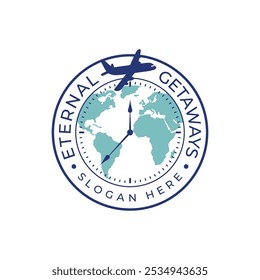 Travel-themed vector logo featuring a clock, world map, and airplane. - Vector