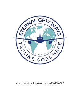 Logotipo de Vector con temática de viajes con un reloj, un mapa del mundo y un avión. - VECTOR