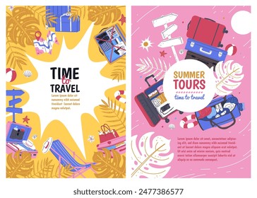 Vektorgrafik-Set zum Thema Reisen mit Sommerkoffern, Strandbekleidung und Navigation. Ideal für saisonales Marketing, Tourismusanzeigen und Reiseplakate.