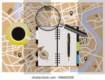 Travel,tourism concept vector illustration in a flat style. office supplies on the desktop top view