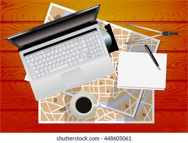 Travel,tourism concept vector illustration in a flat style. office supplies on the desktop top view