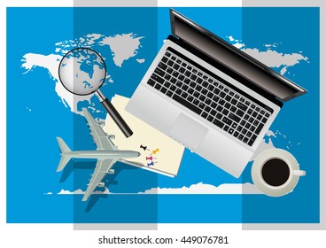 Travel,tourism concept vector illustration in a flat style. office supplies on the desktop top view.