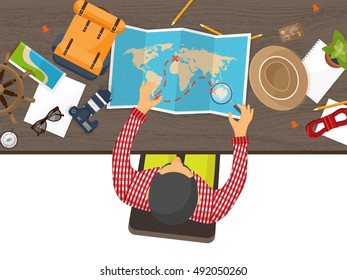 Travel,tourism, flat style.World travel banner.Summer holidays, vacation.Travel around the world.Journey,trip plan.Tourists tips.International tourism.Hiking and camping.Hands