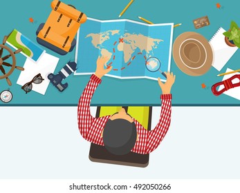 Travel,tourism, flat style.World travel banner.Summer holidays, vacation.Travel around the world.Journey,trip plan.Tourists tips.International tourism.Hiking and camping.Hands