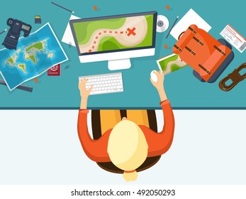 Travel,tourism, flat style.World travel banner.Summer holidays, vacation.Travel around the world.Journey,trip plan.Tourists tips.International tourism.Hiking and camping.Hands