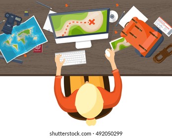 Travel,tourism, flat style.World travel banner.Summer holidays, vacation.Travel around the world.Journey,trip plan.Tourists tips.International tourism.Hiking and camping.Hands
