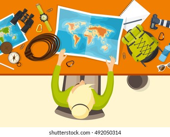 Travel,tourism, flat style.World travel banner.Summer holidays, vacation.Travel around the world.Journey,trip plan.Tourists tips.International tourism.Hiking and camping.Hands