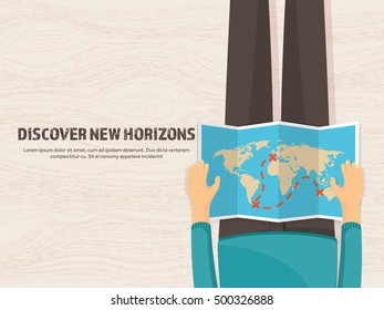 Travel,tourism, flat style.World travel banner.Summer holidays, vacation.Travel around the world.Journey,trip plan.Tourists tips.International tourism.Hiking and camping.Hands