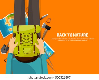Travel,tourism, flat style.World travel banner.Summer holidays, vacation.Travel around the world.Journey,trip plan.Tourists tips.International tourism.Hiking and camping.Hands