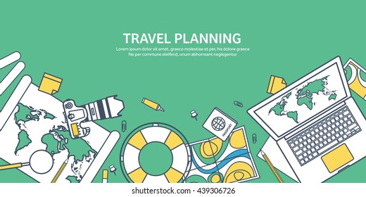 Travel,tourism vector illustration in flat outline style.Line art.World travel banner.Summer holidays,vacation.Travel around the world.Journey,trip plan.Tourists tips.International tourism.World map.