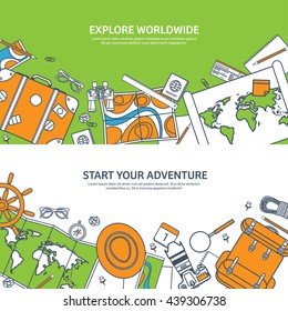 Travel,tourism vector illustration in flat outline style.Line art.World travel banner.Summer holidays,vacation.Travel around the world.Journey,trip plan.Tourists tips.International tourism.World map.