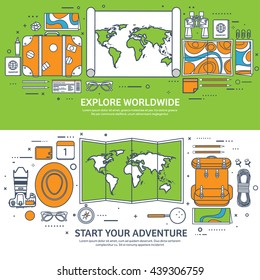 Travel,tourism vector illustration in flat outline style.Line art.World travel banner.Summer holidays,vacation.Travel around the world.Journey,trip plan.Tourists tips.International tourism.World map.