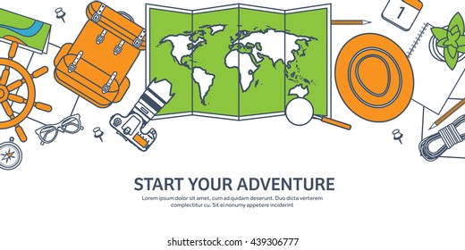 Travel,tourism vector illustration in flat outline style.Line art.World travel banner.Summer holidays,vacation.Travel around the world.Journey,trip plan.Tourists tips.International tourism.World map.