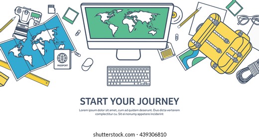 Travel,tourism vector illustration in flat outline style.Line art.World travel banner.Summer holidays,vacation.Travel around the world.Journey,trip plan.Tourists tips.International tourism.World map.