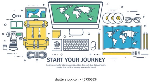 Travel,tourism vector illustration in flat outline style.Line art.World travel banner.Summer holidays,vacation.Travel around the world.Journey,trip plan.Tourists tips.International tourism.World map.