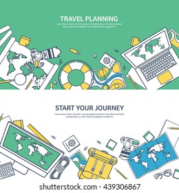 Travel,tourism vector illustration in flat outline style.Line art.World travel banner.Summer holidays,vacation.Travel around the world.Journey,trip plan.Tourists tips.International tourism.World map.