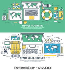 Travel,tourism vector illustration in flat outline style.Line art.World travel banner.Summer holidays,vacation.Travel around the world.Journey,trip plan.Tourists tips.International tourism.World map.