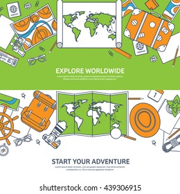 Travel,tourism vector illustration in flat outline style.Line art.World travel banner.Summer holidays,vacation.Travel around the world.Journey,trip plan.Tourists tips.International tourism.World map.