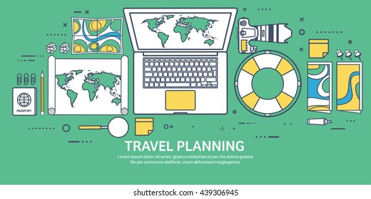 Travel,tourism vector illustration in flat outline style.Line art.World travel banner.Summer holidays,vacation.Travel around the world.Journey,trip plan.Tourists tips.International tourism.World map.